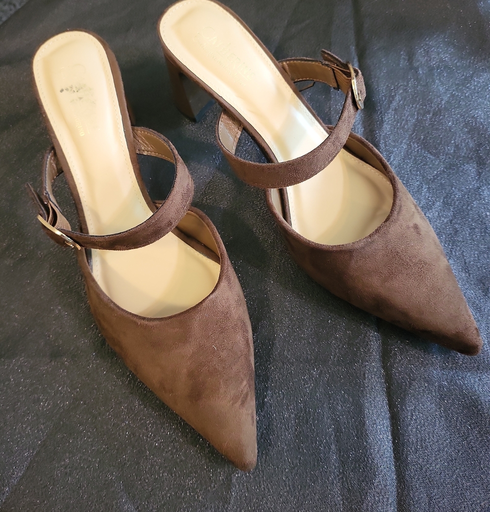 Catherine Malandrino Brown Suede Pointed-Toe Mule Heels with Top Strap